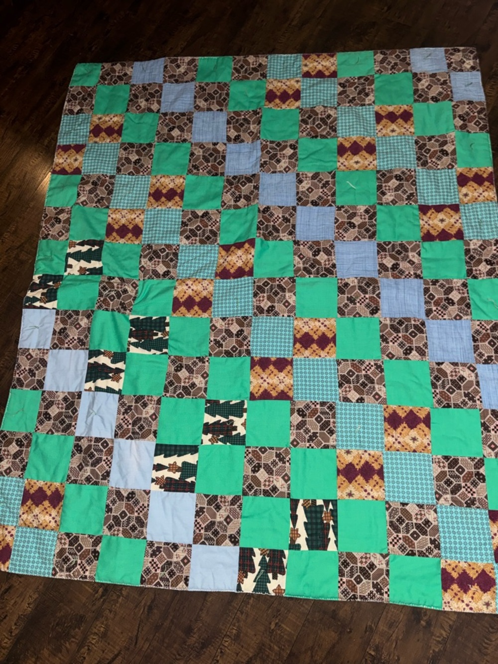 Turquoise Patchwork Quilted Bedspread with Multicolor Blocks - Picture 7 of 7